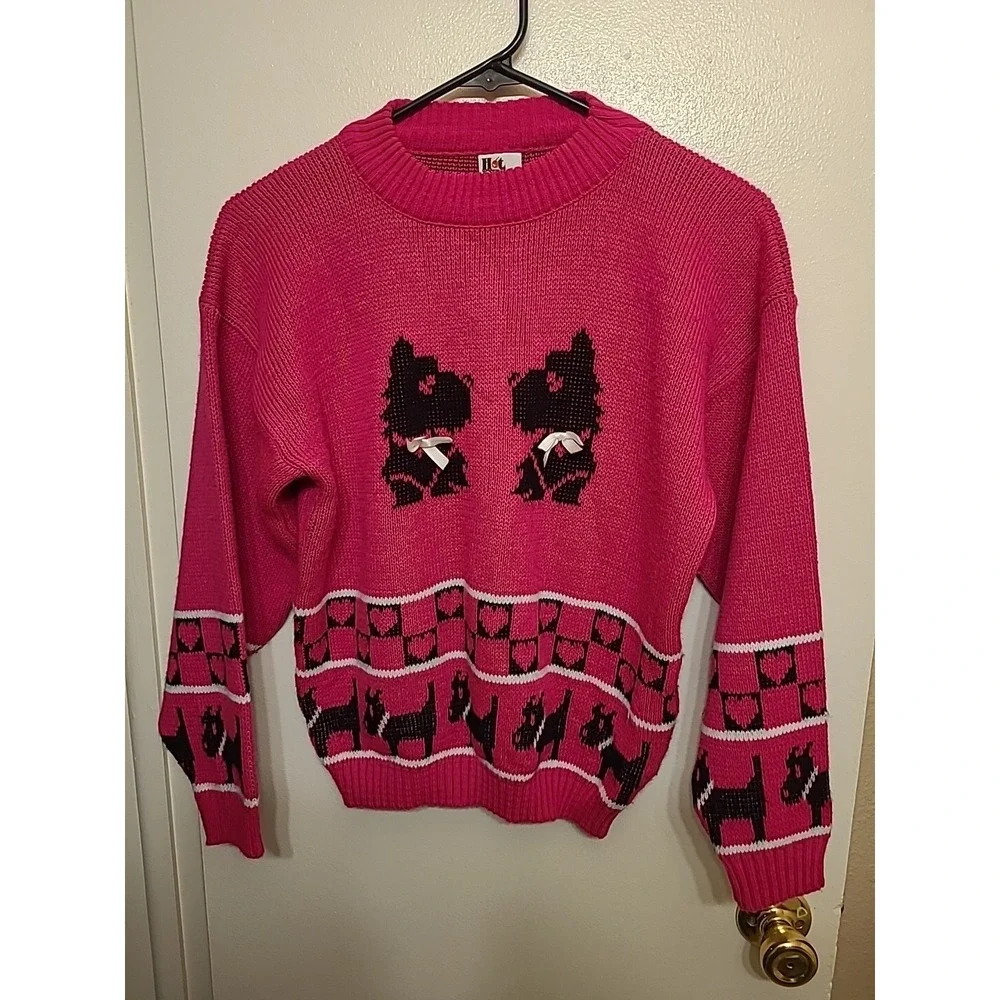 80s Vintage Hot Pink Scottish Terrier Sweater With Hearts And Bows - Hot Fudge